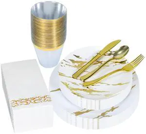 175pcs Gold Plastic Dinnerware Set Elegant Disposable Plates, Cups, Utensils & Napkins for Wedding, Party, Birthday, Graduation 175pcs Gold Plastic Dinnerware Set Elegant Disposable Plates, Cups, Utensils & Napkins for Wedding, Party, Birthday, Graduation