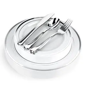 125-Piece White and Silver Fancy Plastic Plates Disposable with Silverware, Elegant Dinnerware for Weddings, Holiday Party China, Set of 25 Dinner + Salad Plates, 25 Spoons, 25 Forks, 25 Knives 125-Piece White and Silver Fancy Plastic Plates Disposable with Silverware, Elegant Dinnerware for Weddings, Holiday Party China, Set of 25 Dinner + Salad Plates, 25 Spoons, 25 Forks, 25 Knives