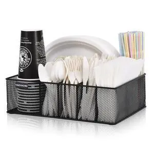 Paper Plate Organizer for Countertop, Black | Silverware Caddy with 6 Compartments for Cup, Napkin, Utensil Holder Caddy for Party, Camping, Picnic Paper Plate Organizer for Countertop, Black | Silverware Caddy with 6 Compartments for Cup, Napkin, Utensil Holder Caddy for Party, Camping, Picnic