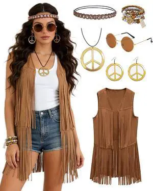 60s 70s Outfit for Women Hippie Costume Clothes Fringe Vest with Hippie Accessories Boho Headband for Disco Party Halloween Brown L 60s 70s Outfit for Women Hippie Costume Clothes Fringe Vest with Hippie Accessories Boho Headband for Disco Party Halloween Brown L