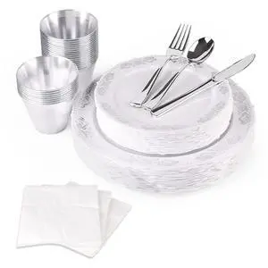 175 Pieces Silver White Dinnerware Set For 25 Guest Disposable Tableware Plastic Cutlery 5-Sets, With 12oz Cups, Knife, Fork, Spoon, Dinner Paper Each 25 Pieces For Wedding, Birthday, Party 175 Pieces Silver White Dinnerware Set For 25 Guest Disposable Tableware Plastic Cutlery 5-Sets, With 12oz Cups, Knife, Fork, Spoon, Dinner Paper Each 25 Pieces For Wedding, Birthday, Party