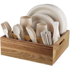 Acacia Wood Utensil Holder for Party - Paper Plate Organizer for Countertop - Silverware Caddy with 6 Compartments for Plate, Cup, Fork, Spoon - Cutlery Holder for Kitchen Camping Buffet Acacia Wood Utensil Holder for Party - Paper Plate Organizer for Countertop - Silverware Caddy with 6 Compartments for Plate, Cup, Fork, Spoon - Cutlery Holder for Kitchen Camping Buffet