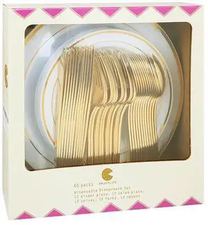 60pcs Gold Plastic Dinnerware Set, Party Plates | Heavy Duty Disposable White Gold Rim Plates with Plastic Silverware Service for 12 Guests for Party Supplies, Birthday, BBQ 60pcs Gold Plastic Dinnerware Set, Party Plates | Heavy Duty Disposable White Gold Rim Plates with Plastic Silverware Service for 12 Guests for Party Supplies, Birthday, BBQ
