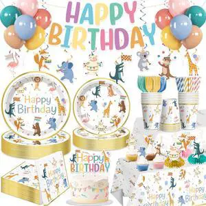 207pcs Party Animal Birthday Decorations Tableware Set, for 25 Guests | Pre-strung banner, Disposable 350g thick paper plates, HD printed cake decor, Waterproof tablecloth, Durable latex balloons 207pcs Party Animal Birthday Decorations Tableware Set, for 25 Guests | Pre-strung banner, Disposable 350g thick paper plates, HD printed cake decor, Waterproof tablecloth, Durable latex balloons