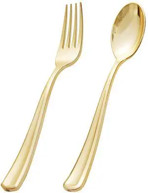 200-Piece Gold Plastic Silverware - Heavy Duty Disposable Cutlery Set - 100 Gold Plastic Forks & 100 Spoons for Catering, Party, Dinner, Wedding 200-Piece Gold Plastic Silverware - Heavy Duty Disposable Cutlery Set - 100 Gold Plastic Forks & 100 Spoons for Catering, Party, Dinner, Wedding