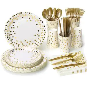 Party Supplies Set - 210 Pieces of White and Gold Dot Paper Plates | Cups, Napkins, and Heavy Duty Silverware for 30 Guests for Birthdays, Graduation, Wedding, Festivals Party Supplies Set - 210 Pieces of White and Gold Dot Paper Plates | Cups, Napkins, and Heavy Duty Silverware for 30 Guests for Birthdays, Graduation, Wedding, Festivals