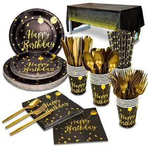 Disposable Party Dinnerware Set &Disposable Birthday Party Dinnerware Paper Plates Napkins Cups, Gold Plastic Forks Knives Spoons (Black/Gold) Disposable Party Dinnerware Set &Disposable Birthday Party Dinnerware Paper Plates Napkins Cups, Gold Plastic Forks Knives Spoons (Black/Gold)