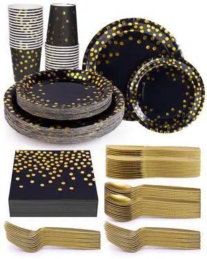 224 Pieces Party Supplies, Black and Gold Party Plates Cups and Napkins Sets with Plastic Knives forks spoons, Disposable Tableware Serves 32 Sets for Wedding, Birthday, Graduation, Festivals 224 Pieces Party Supplies, Black and Gold Party Plates Cups and Napkins Sets with Plastic Knives forks spoons, Disposable Tableware Serves 32 Sets for Wedding, Birthday, Graduation, Festivals