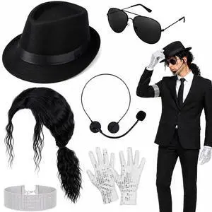 6 Pcs Pop Star Costume Accessories for Adults 80s 90s Rock Superstar Outfit with Black Fedora Hat Wig Sequin Gloves Sunglasses Headset Mic Armband Set for Halloween Party Fancy Dress 6 Pcs Pop Star Costume Accessories for Adults 80s 90s Rock Superstar Outfit with Black Fedora Hat Wig Sequin Gloves Sunglasses Headset Mic Armband Set for Halloween Party Fancy Dress