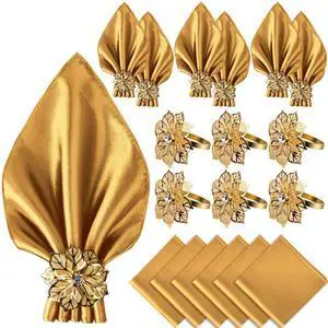 12 Pack Satin Cloth Napkins and Gold Flower Napkin Rings Set of 6 | 17x17 Inch Personalized Gold Napkins Set, Square Fancy Dinner Napkins for Wedding Party, Bridal Shower Holiday Table Decor 12 Pack Satin Cloth Napkins and Gold Flower Napkin Rings Set of 6 | 17x17 Inch Personalized Gold Napkins Set, Square Fancy Dinner Napkins for Wedding Party, Bridal Shower Holiday Table Decor