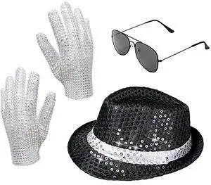 Pop Star Costume Halloween costume for adult Rock Super Star Cosplay Accessories Sequin Gloves Black Fedora Hat Sunglass for 80s 90s Themed Halloween costume Pop Star Costume Halloween costume for adult Rock Super Star Cosplay Accessories Sequin Gloves Black Fedora Hat Sunglass for 80s 90s Themed Halloween costume