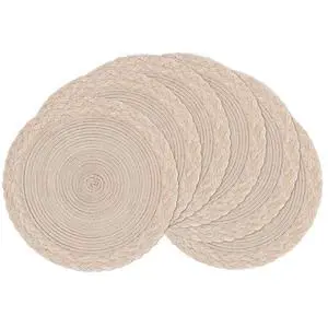 15 inch Round Placemats Set of 6 Boho Woven Braided Border Table Mats Washable Heat Resistant Circle Place Mats for Dining Table, Beige 15 inch Round Placemats Set of 6 Boho Woven Braided Border Table Mats Washable Heat Resistant Circle Place Mats for Dining Table, Beige