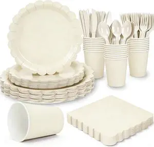 Party Plates and Cups and Napkins, 24 Set Ivory Scalloped Dinnerware | 168 Pcs Beige Party Supplies Include 9" Ivory Paper Plates, 7" Cream Plates for Bridal, Wedding, Baby Shower, Birthday Party Plates and Cups and Napkins, 24 Set Ivory Scalloped Dinnerware | 168 Pcs Beige Party Supplies Include 9" Ivory Paper Plates, 7" Cream Plates for Bridal, Wedding, Baby Shower, Birthday