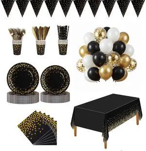Black and Gold Party Supplies - Party Dinnerware - Black Paper Plates Napkins Cups, Gold Plastic Forks Knives Spoon for Halloween, Graduation, Birthday, Cocktail PartyNew Year Eve 16 Set Black and Gold Party Supplies - Party Dinnerware - Black Paper Plates Napkins Cups, Gold Plastic Forks Knives Spoon for Halloween, Graduation, Birthday, Cocktail PartyNew Year Eve 16 Set
