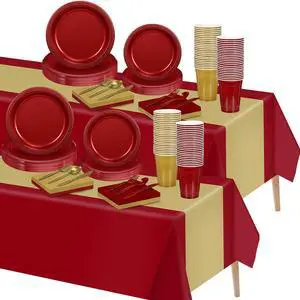 194 Pcs Disposable Party Tableware Set for 24 Guests, Burgundy,Gold | Plates Cups Cutlery Napkins Tablecloths, Birthday Graduation Wedding Parties, Serving Crafts Events, Disposable Dinnerware 194 Pcs Disposable Party Tableware Set for 24 Guests, Burgundy,Gold | Plates Cups Cutlery Napkins Tablecloths, Birthday Graduation Wedding Parties, Serving Crafts Events, Disposable Dinnerware
