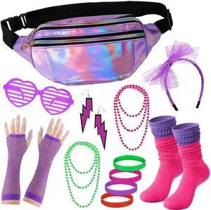 80s Accessories for Women Outfit Set, Neon Leg Warmers, Lace Headband, Fishnet Gloves, Earrings & Holographic Fanny Pack, Retro Costume for 80's Party 80s Accessories for Women Outfit Set, Neon Leg Warmers, Lace Headband, Fishnet Gloves, Earrings & Holographic Fanny Pack, Retro Costume for 80's Party