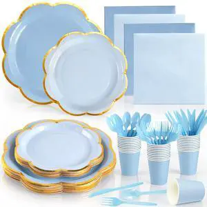 168Pcs Blue Paper Plates and Napkins Party Supplies for 24 Guests | Scalloped Party Plates Set, Light Blue Disposable Plates with Gold Rim for Graduation Birthday Party Baby Shower Picnic 168Pcs Blue Paper Plates and Napkins Party Supplies for 24 Guests | Scalloped Party Plates Set, Light Blue Disposable Plates with Gold Rim for Graduation Birthday Party Baby Shower Picnic