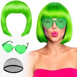 Green Bob Wig and Sunglass Set, Neon Funny Short Bob Wig Sunglass Pack Colorful Hairpieces Fancy Dress Cosplay Costume Accessories for Women Bachelorette Party Favors, Halloween Decorations Green Bob Wig and Sunglass Set, Neon Funny Short Bob Wig Sunglass Pack Colorful Hairpieces Fancy Dress Cosplay Costume Accessories for Women Bachelorette Party Favors, Halloween Decorations