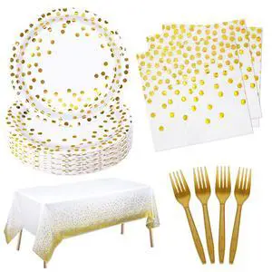 White and Gold Paper Plates and Napkins Tablecloth Party Supplies,Serves 25 Guests White Gold Plates and Napkins Tablecloth,Set for Birthday Graduation Retirement Decorations White and Gold Paper Plates and Napkins Tablecloth Party Supplies,Serves 25 Guests White Gold Plates and Napkins Tablecloth,Set for Birthday Graduation Retirement Decorations