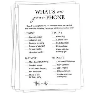 Birthday Party Game for Adults Whats on Your Phone? Paper Game Cards, 25 Icebreaker Sheets for Adult Birthday Celebrations & Social Parties - A07 Birthday Party Game for Adults Whats on Your Phone? Paper Game Cards, 25 Icebreaker Sheets for Adult Birthday Celebrations & Social Parties - A07