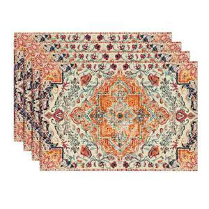 Boho Placemats Set of 4, Daily Orange Teal Flowes Bohemia Table Mats for Home Party Dining Decoration 12x18 Inch Boho Placemats Set of 4, Daily Orange Teal Flowes Bohemia Table Mats for Home Party Dining Decoration 12x18 Inch