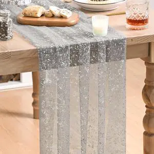 Grey Gold Gauze Table Runner 120 Inch 10FT, Glitter Metallic Foil Sheer Dining Wedding Anniversary Holiday Birthday Table Decor for Home Party Grey Gold Gauze Table Runner 120 Inch 10FT, Glitter Metallic Foil Sheer Dining Wedding Anniversary Holiday Birthday Table Decor for Home Party