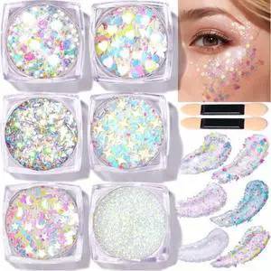 Face Glitter Body Glitter, Clear White Body Glitter Gel, Hair Glitter Gel, 6 Shapes Rave Glitter, Mermaid Sequins Makeup Glitters Face Paint, Chunky Sparkling Glitter Gel for Women Face Glitter Body Glitter, Clear White Body Glitter Gel, Hair Glitter Gel, 6 Shapes Rave Glitter, Mermaid Sequins Makeup Glitters Face Paint, Chunky Sparkling Glitter Gel for Women
