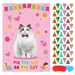 Pin The Hat On The Cat Party Game Birthday Party Games for Kids, Cat Birthday Party Supplies Decorations for Girls Boys, Large Pin The Tail Poster with 54 Hat Stickers Pin The Hat On The Cat Party Game Birthday Party Games for Kids, Cat Birthday Party Supplies Decorations for Girls Boys, Large Pin The Tail Poster with 54 Hat Stickers