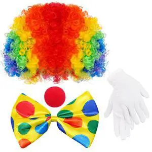 Clown Costume Rainbow Wig Red Nose Bow Tie Gloves for Men Women Adult Party | for Halloween, Carnivals, Decorations Clown Costume Rainbow Wig Red Nose Bow Tie Gloves for Men Women Adult Party | for Halloween, Carnivals, Decorations