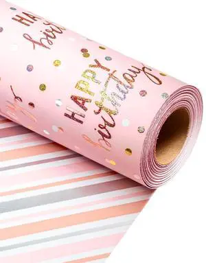 Birthday Wrapping Paper Roll, Pink Metallic Holographic Happy Birthday Wrapping Paper Featuring Revesible Stripe Gift Wrap Paper for Girls Boys Kids Men, 17 Inches x 33 Feet Birthday Wrapping Paper Roll, Pink Metallic Holographic Happy Birthday Wrapping Paper Featuring Revesible Stripe Gift Wrap Paper for Girls Boys Kids Men, 17 Inches x 33 Feet