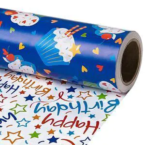 Reversible Birthday Wrapping Paper Roll, Mini Roll, Blue Cupcake Design and Colorful Happy Text with Stars, Colorful Adorable Gift Wrap for Boys Girls Birthday Party, 17 Inches x 16.4 Feet Reversible Birthday Wrapping Paper Roll, Mini Roll, Blue Cupcake Design and Colorful Happy Text with Stars, Colorful Adorable Gift Wrap for Boys Girls Birthday Party, 17 Inches x 16.4 Feet