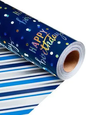 Birthday Wrapping Paper Roll, Blue Metallic Holographic Happy Birthday Wrapping Paper Featuring Revesible Stripe Gift Wrap Paper for Boys Kids Girls Men, 17 Inches x 33 Feet Birthday Wrapping Paper Roll, Blue Metallic Holographic Happy Birthday Wrapping Paper Featuring Revesible Stripe Gift Wrap Paper for Boys Kids Girls Men, 17 Inches x 33 Feet