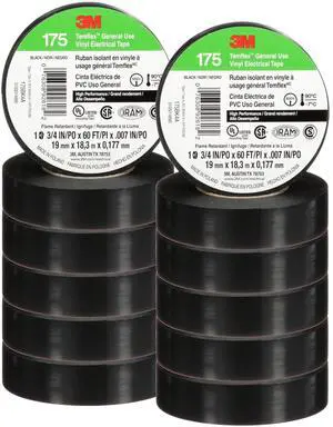 Temflex Vinyl Electrical Tape 175, 3/4 in x 60 ft, Black, 10 Rolls | Flame Retardant, Pressure-Sensitive Adhesive, Electrical and Mechanical Protection Temflex Vinyl Electrical Tape 175, 3/4 in x 60 ft, Black, 10 Rolls | Flame Retardant, Pressure-Sensitive Adhesive, Electrical and Mechanical Protection