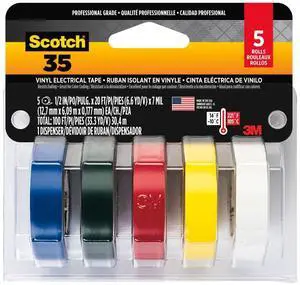 Electrical Tape, 0.5 in X 20 ft, 5/pk, Colored | Fade Resistant Color Coding Tape, High Adhesion, Stretchy Vinyl, Indoor And Outdoor Use, Good For Cable Jacket Repair Electrical Tape, 0.5 in X 20 ft, 5/pk, Colored | Fade Resistant Color Coding Tape, High Adhesion, Stretchy Vinyl, Indoor And Outdoor Use, Good For Cable Jacket Repair