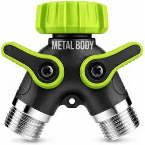 2 Way Hose Splitter Heavy Duty - Metal Y Garden Hose Splitter with Shutoff Valves, Brass Outdoor Faucet Adapter for Spigot, 3/4 Inch GHT Water Hose Connector - Green 2 Way Hose Splitter Heavy Duty - Metal Y Garden Hose Splitter with Shutoff Valves, Brass Outdoor Faucet Adapter for Spigot, 3/4 Inch GHT Water Hose Connector - Green