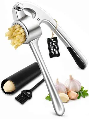 Garlic Press and Peeler Set, Heavy Duty Mincer with Brush, Silver | Ergonomic Handle, Large Chamber for Cloves, Rust Proof & Dishwasher Safe, Easily Crush Garlics, Nuts, Seeds, Ginger Garlic Press and Peeler Set, Heavy Duty Mincer with Brush, Silver | Ergonomic Handle, Large Chamber for Cloves, Rust Proof & Dishwasher Safe, Easily Crush Garlics, Nuts, Seeds, Ginger