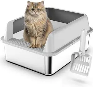 Stainless Steel Cat Litter Box with Lid for Kittens & Small Pets | 17.3×13.4×9" High Sides Anti-Leakage Metal Litter Box, Open Top Low Entry Kitty Cat Box, Easy Cleaning, Non-Sticky Stainless Steel Cat Litter Box with Lid for Kittens & Small Pets | 17.3×13.4×9" High Sides Anti-Leakage Metal Litter Box, Open Top Low Entry Kitty Cat Box, Easy Cleaning, Non-Sticky