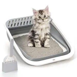 Foldable Cat Litter Box, Large Height-Adjustable Anti-Splash Open Air Kitty Litter Pan, Easy Clean with Scoop (Gray) Foldable Cat Litter Box, Large Height-Adjustable Anti-Splash Open Air Kitty Litter Pan, Easy Clean with Scoop (Gray)
