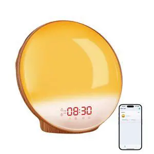 Smart Sunrise Alarm Clock with No Signup APP Control & Wake-Up Light, 4 Alarms, Sound Machine, FM Radio, Wireless Speaker, Wood Grain Smart Sunrise Alarm Clock with No Signup APP Control & Wake-Up Light, 4 Alarms, Sound Machine, FM Radio, Wireless Speaker, Wood Grain