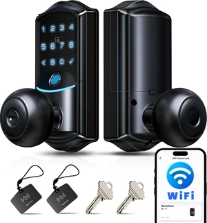 VE028 WiFi Fingerprint Smart Door Lock with Knob Handle, Matte Black | Remote App, Voice Control, Fob Unlock, Electronic Touchscreen Keypad, Keyless Entry, Auto Lock, for Front Door, Bedroom VE028 WiFi Fingerprint Smart Door Lock with Knob Handle, Matte Black | Remote App, Voice Control, Fob Unlock, Electronic Touchscreen Keypad, Keyless Entry, Auto Lock, for Front Door, Bedroom