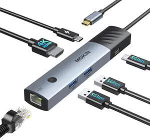 USB C Hub Multiport Adapter, 6-in-1 USB C to HDMI Adapter 4K@60Hz, PD 100W, RJ45 Ethernet, 2*USB-A 3.0, 1*USB-C 3.0, MOKiN USB-C Dongle for MacBook Pro/Air USB C Hub Multiport Adapter, 6-in-1 USB C to HDMI Adapter 4K@60Hz, PD 100W, RJ45 Ethernet, 2*USB-A 3.0, 1*USB-C 3.0, MOKiN USB-C Dongle for MacBook Pro/Air