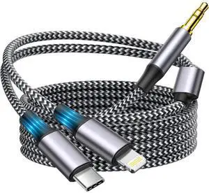 Apple MFi Certified Aux Cord for iPhone, 2 in 1 USB-C & Lightning to 3.5mm Jack Audio Cable for iPhone 16 15 14 13 12 11 XS XR X 8 7 6 iPad to Car/Home Stereo/Headphone/Speaker (Silver) Apple MFi Certified Aux Cord for iPhone, 2 in 1 USB-C & Lightning to 3.5mm Jack Audio Cable for iPhone 16 15 14 13 12 11 XS XR X 8 7 6 iPad to Car/Home Stereo/Headphone/Speaker (Silver)