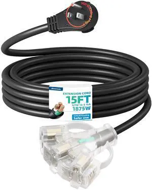 360° Rotating Flat Plug Black Extension Cord 15FT, 14/3 Gauge 3 Prong Outdoor Extension Cord Waterproof, Lighted Triple Outlet Hook Design, 125V/15A/1875W, for Outdoor/Indoor, ETL Listed 360° Rotating Flat Plug Black Extension Cord 15FT, 14/3 Gauge 3 Prong Outdoor Extension Cord Waterproof, Lighted Triple Outlet Hook Design, 125V/15A/1875W, for Outdoor/Indoor, ETL Listed