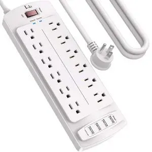 Power Strip, Tcstei Surge Protector with 12 Outlets and 4 USB Ports, 10 Feet Extension Cord for Home, Office, Dorm Essentials, 2700 Joules, White Power Strip, Tcstei Surge Protector with 12 Outlets and 4 USB Ports, 10 Feet Extension Cord for Home, Office, Dorm Essentials, 2700 Joules, White