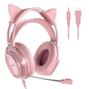 Cute Cat-Ear Gaming Headset - 50mm Drivers, Noise-Cancelling Mic, 3.5mm Wired Stylish & Lightweight Design (Pink) Cute Cat-Ear Gaming Headset - 50mm Drivers, Noise-Cancelling Mic, 3.5mm Wired Stylish & Lightweight Design (Pink)