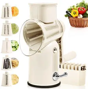 Rotary Cheese Grater with Handle, Vegetable Shredder with 5 Replaceable Blades & Strong Suction Base, Round Food Slicer & Chopper for Kitchen Fruit Vegetables Nuts with Blade Storage Box (White) Rotary Cheese Grater with Handle, Vegetable Shredder with 5 Replaceable Blades & Strong Suction Base, Round Food Slicer & Chopper for Kitchen Fruit Vegetables Nuts with Blade Storage Box (White)