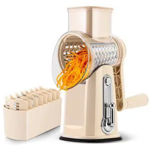 Rotary Cheese Grater with Handle - Vegetable Shredder with 5 Well-designed Blades & Strong Suction Base,Round Mandoline Slicer & Food Chopper for Kitchen,with Blade Storage Box(Beige) Rotary Cheese Grater with Handle - Vegetable Shredder with 5 Well-designed Blades & Strong Suction Base,Round Mandoline Slicer & Food Chopper for Kitchen,with Blade Storage Box(Beige)