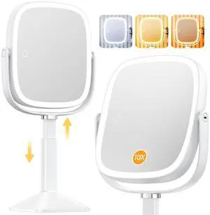 Rectangle Lighted Makeup Mirror with Magnification, 10X Magnifying Mirror with Lights 3 Color, Height Adjustable and 4000mAh Battery for Bedroom Bathroom, Large Surface for Women or Men- White Rectangle Lighted Makeup Mirror with Magnification, 10X Magnifying Mirror with Lights 3 Color, Height Adjustable and 4000mAh Battery for Bedroom Bathroom, Large Surface for Women or Men- White