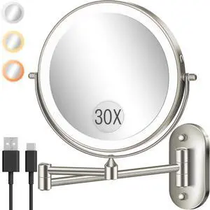 Wall Mounted Makeup Mirror with Light, 30X/1X 8'' Double Sided LED Magnifying Bathroom Lighted Vanity Mirror with Magnification, 3 Color Light up Touch Dimmable Extended Arm 360 Rotation Wall Mounted Makeup Mirror with Light, 30X/1X 8'' Double Sided LED Magnifying Bathroom Lighted Vanity Mirror with Magnification, 3 Color Light up Touch Dimmable Extended Arm 360 Rotation