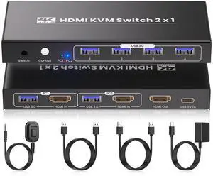 2 Port HDMI KVM Switch, USB 3.0 4K60Hz KVM Switch 1 Monitor 2 Computers for 2 PCs Share 1 Monitor and 1 Set of Keyboard Mouse, 4 USB 3.0 Ports for Peripheral 2 Port HDMI KVM Switch, USB 3.0 4K60Hz KVM Switch 1 Monitor 2 Computers for 2 PCs Share 1 Monitor and 1 Set of Keyboard Mouse, 4 USB 3.0 Ports for Peripheral